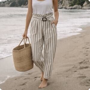 Anthropologie Sz 12 High Waisted Linen Bltd Tapered Tan White Stripe Ankle Pants